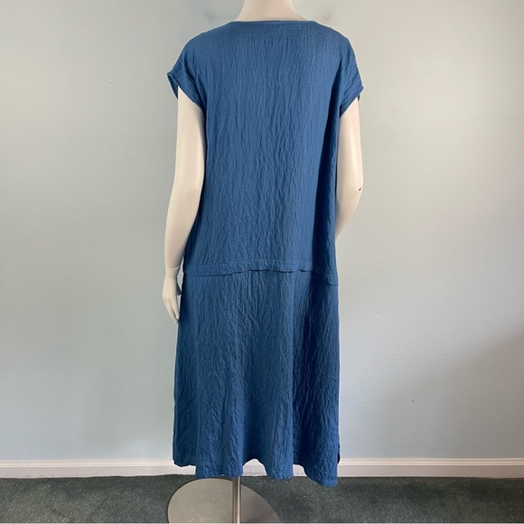 Tusso Crinkle Short Sleeves Kaftan Midi Dress Pockets Blue 2 / M Lagenlook Flowy - Picture 5 of 12